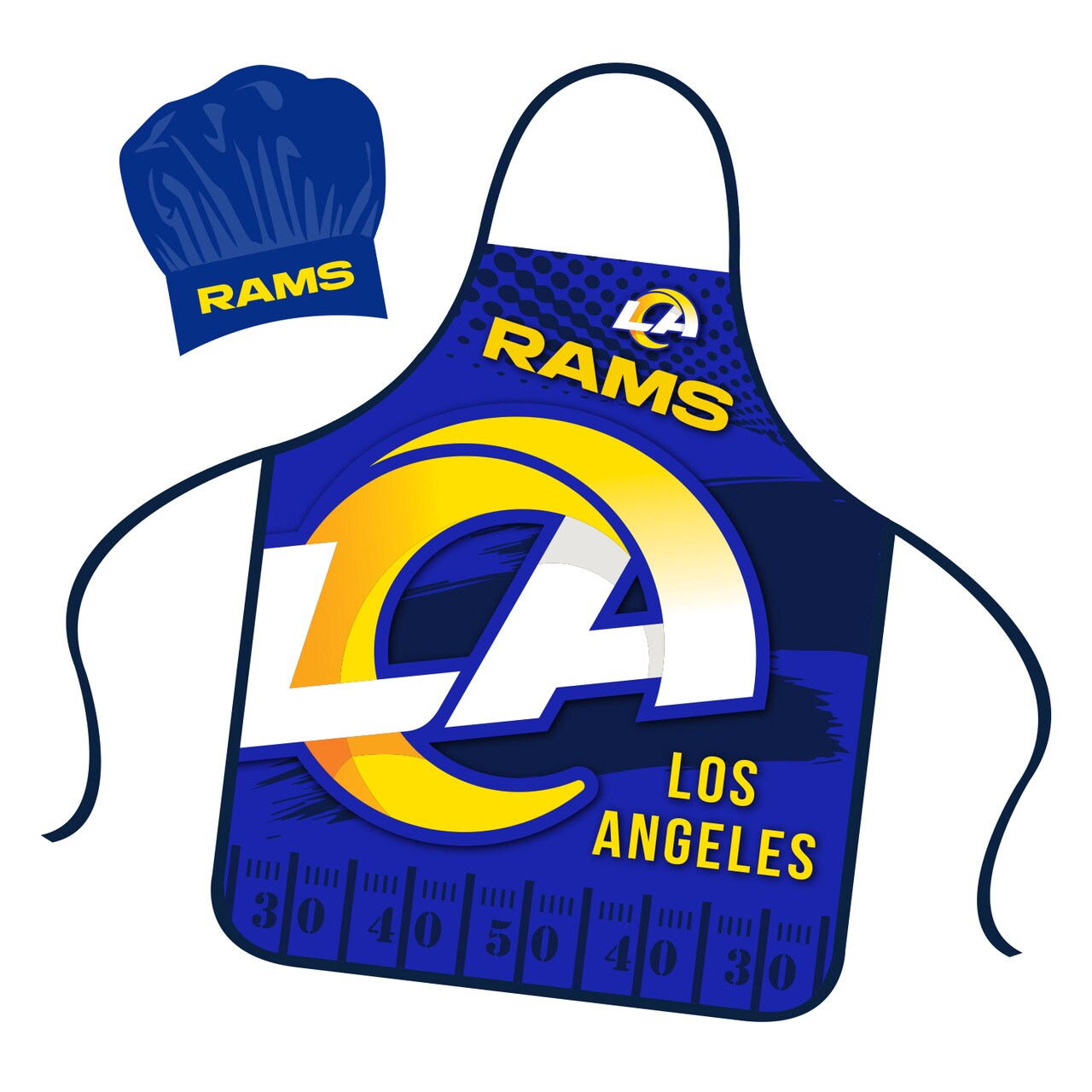 Mojo Licensing Los Angeles Rams Apron Chef Hat Set Full Color Universal Size Tie Back Grilling Tailgate BBQ Cooking Host